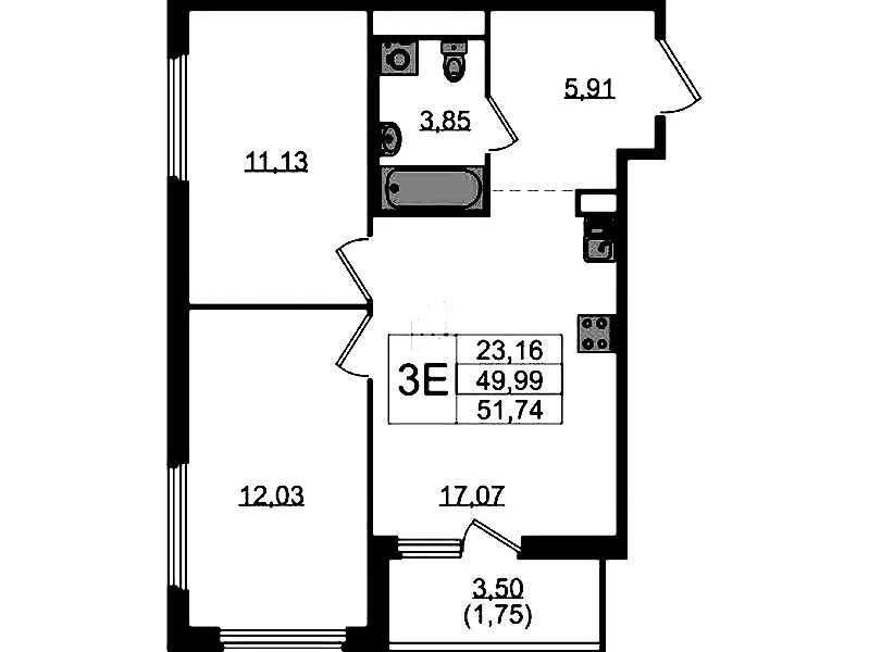 2-комнатная квартира 51.74 м², 14/15 эт., ЖК «GloraX Парголово»